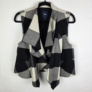 Gap Womens Buffalo Plaid Wool Blend Draped Open Front Vest Black Cream Medium